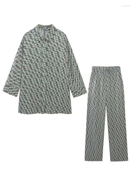 Calças femininas de duas peças xadrez impressão conjuntos retos feminino solto camisas oversize blusas femininas 2023 primavera verão 2 pc terno