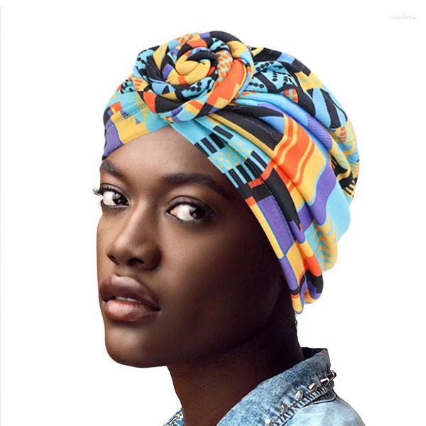 Turbante de algodão estampa africana flor para mulheres nó cabeça envoltório bandana chapéus senhoras quimio boné acessório de cabelo