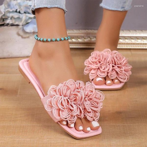 Hausschuhe Blume Frauen Wohnungen Outdoor Strand Flip-Flops 2024 Sommer Designer Karree Offene Sandalen Kleid Elegante Femme Rutschen