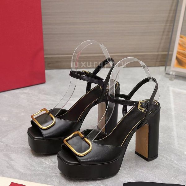 Scarpe eleganti firmate di lusso Taglia 35-42 Sandali con plateau con tacco grosso da donna Cinturino alla caviglia con fibbia Scivoli Scarpe eleganti con tacco da festa Tacco largo in vera pelle 11 cm