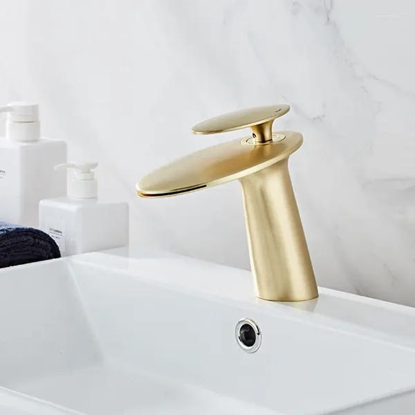 Rubinetti per lavandino del bagno Rubinetto per lavabo in oro spazzolato Cascata in ottone Rubinetto freddo e miscelatore Maniglia singola Montaggio su piano Oro / Rosa