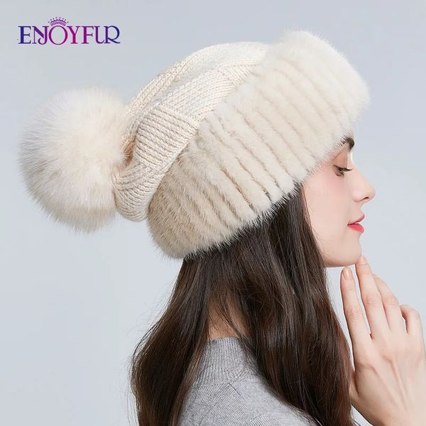 Beanieskull Caps EnjoyFur Inverno Mink Fur Malha Chapéus de Lã para Mulheres Fox Fur Pompom Slouchy Beanies Moda Estilo Quente Caps para Juventude 231215