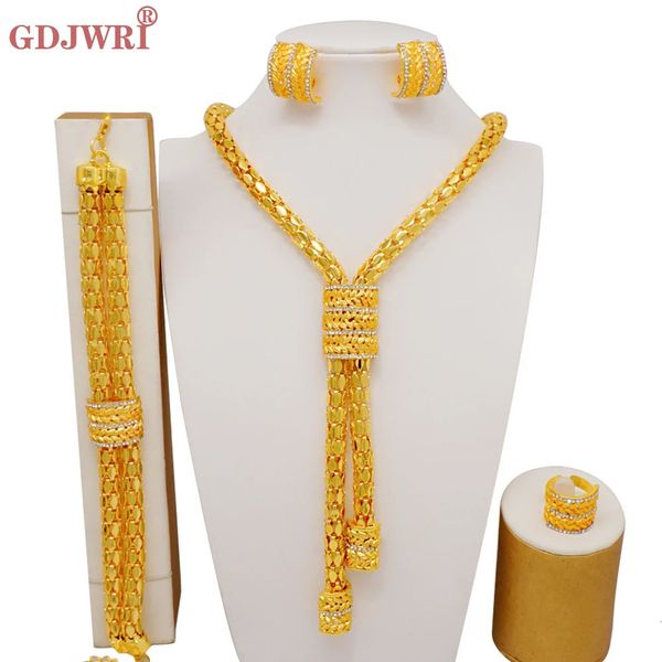 Chokers Mode Dubai Gold Farbe Schmuck Sets Für Frauen Afrikanische Indien Party Hochzeit Quasten Halskette Armband Ohrringe Ring Set Geschenke 231215