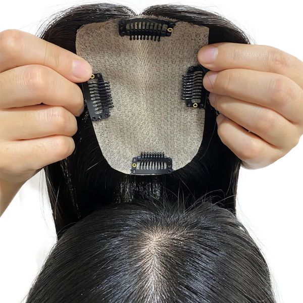 Perucas de renda 8x12cm base de pele de seda topper mulheres peruca chinês virgem pedaço de cabelo humano com 4 clipes em couro cabeludo natural sobreposição livre separação 231215