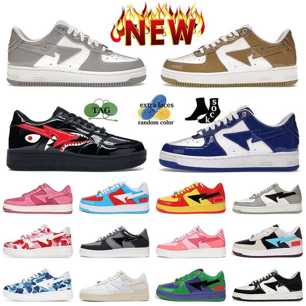 New Bapestass Running Shoes Homens Couro Patente Branco Khaki Mulheres Treinadores STA SK8 Esportes Cor Camo Combo Roxo Tênis Bapestaes Sapatos Pintura Preto Pastel Azul