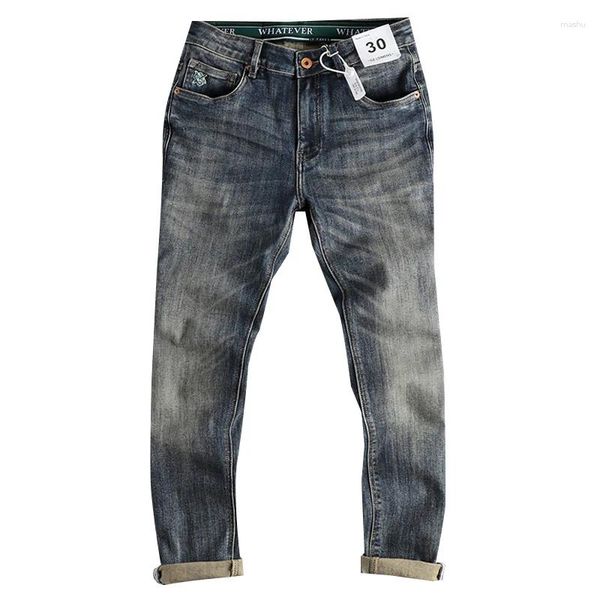 Herrenjeans, verwaschenes blaues Denim, Herrenbekleidung, Retro-Cargo, Distressed-Hosen, bestickte Modehosen, Freizeitkleidung, vier Jahreszeiten, gerade