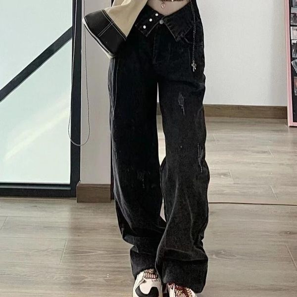 Jeans Vintage Washed Black High Waist Jeans Damenbekleidung 2022 Hot Girl Fashion Kleidung Design Loose Straight Wide Leg Jeans Damen