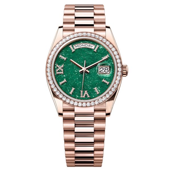 Relógio masculino de luxo com mostrador verde diamante, mecanismo automático, pulseira de aço inoxidável 904L de 40 mm, fivela dobrável de safira oculta, relógios à prova d'água Relógio com anel de diamante