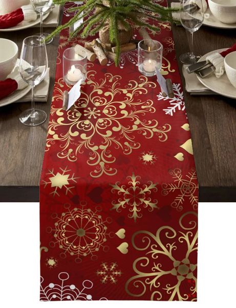 Corredor de mesa Natal floco de neve vermelho corredor de mesa xmas linho bandeira capa decorações de natal para casa navidad noel presentes toalha de mesa 231216