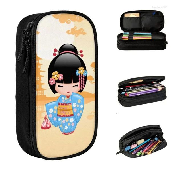 Sacos cosméticos Kokeshi Boneca Lápis Casos Japonês Menina Lápis Caneta Titular Para Menino Grande Capacidade Estudantes Escola Zipper Papelaria