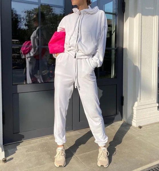 Kadınların İki Parçası Pantolon Kış Kadife Takip Seti Zip Up Hoodie Sweatpants Kadınlar İçin Terlemeler Pembe 2023 Ter Takımları Eşleşen Setler