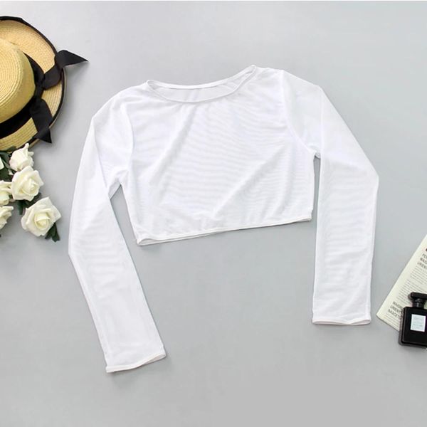 Moda de banho feminina senhora malha manga longa o pescoço colheita topos biquíni cobrir camiseta blusa sexy meninas outono branco preto topo praia