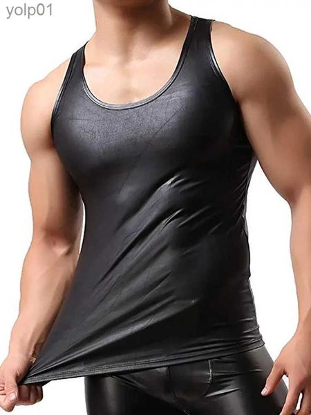 Homens camisetas S-5XL Sleless Tank Top Faux PU Couro Homens Bodybuilding Roupas Scle Camisa Fitness Tops Apertado Sexy Hot Shapers Tanktop BodyL231216