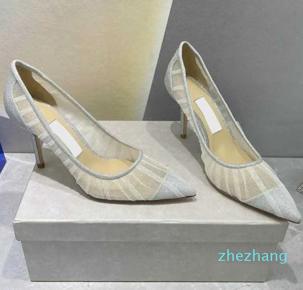 Spitze Mesh bestickt Loafer Schaffell Kleid Schuhe Ledersohle Absätze 1 cm/6 cm/8,5 cm Sandalen Luxus Top Slide klassische Silber Hochzeitsschuh