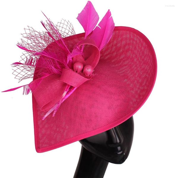 Berets rosa imitação fascinator chapéus senhoras mulheres chi casamento elegante headpieces pena flor acessórios de cabelo clipes