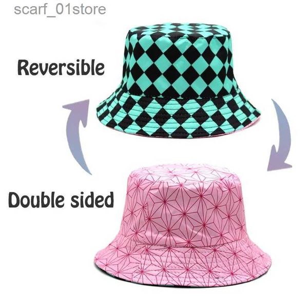 Cappelli a tesa larga Cappelli a secchiello 2023 nuovo Demon Slayer Cappello a secchiello reversibile su due lati Bob Panama Cs per ragazze Ragazzi Janese Anime Donna Cappelli da pescatore SunhatL231216