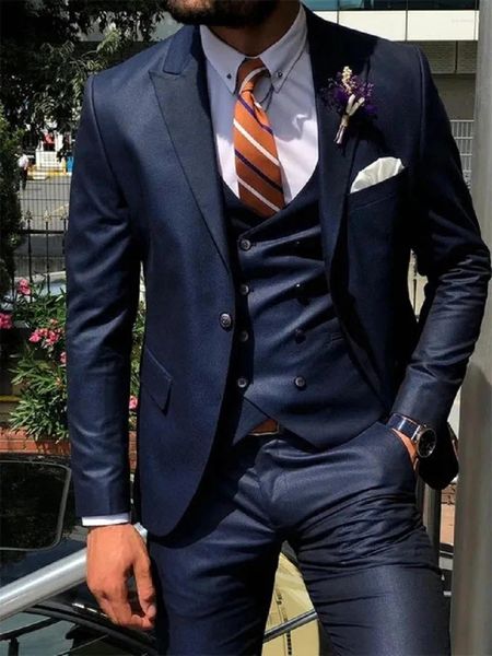 Ternos masculinos azul marinho 3 peça magro homens moda personalizado noivo casamento smoking baile de formatura feito sob medida com calças