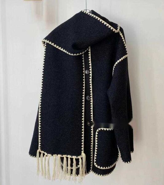 Misturas de lã feminina misturas de lã feminina outono inverno mistura borlas cachecol bordado jaqueta cinza escuro melange casaco de grandes dimensões bolsos grandes
