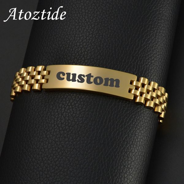 Charm Armbänder Atoz 15mm Punk Männer Personalisierte Gravur Name Datum für Frauen Dicke Kette Armreif Edelstahl Schmuck Geschenk 231215