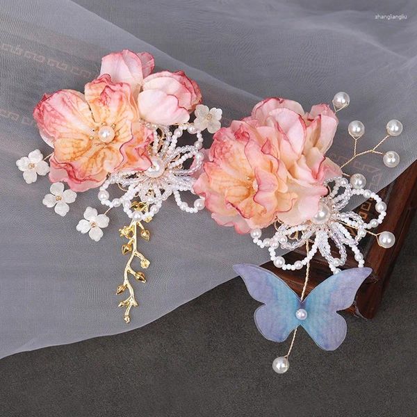 Fermagli per capelli 2 pezzi mollette di lusso farfalla perla tessuto fiore forcina accessori Hanfu per donne ragazze