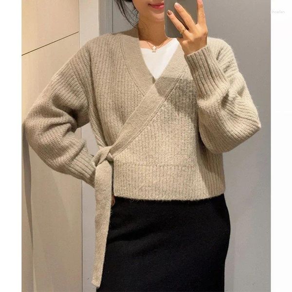 Mulheres malhas inverno lã misturada estilo envoltório camisola solta com decote em v cardigan feminino