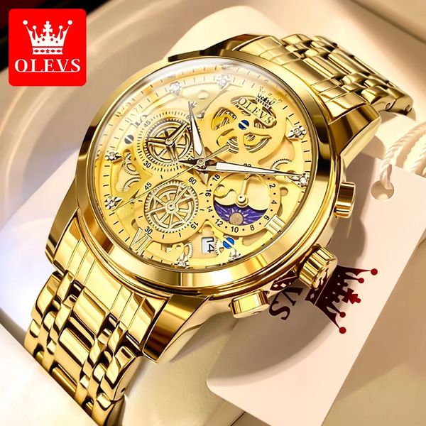 Orologi da polso OLEVS Orologi da uomo Top Brand di lusso Orologio al quarzo impermeabile originale per uomo Stile scheletro in oro 24 ore Giorno Notte 231216