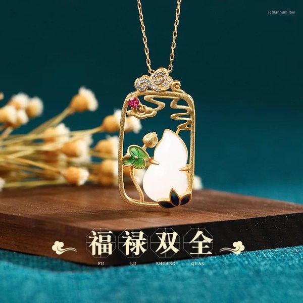 Colares Pingente Estilo Chinês Paisagem Lotus Seedpod Gourd Fu Lu Imitação Hetian Jade Lucky Colar