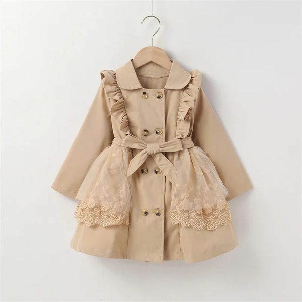 Vestidos da menina 2 7y crianças meninas trench coat bebê outono inverno roupas rendas guarnição manga longa lapela duplo breasted windbreaker crianças outwear 231215