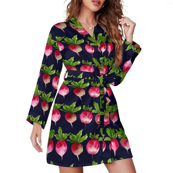 Damen-Nachtwäsche, Aquarell-Radieschen-Pyjama-Bademantel, V-Ausschnitt, niedliches Gemüse, sexy Kleid, langärmlig, für Schlafzimmer, bedruckte Pyjama-Roben