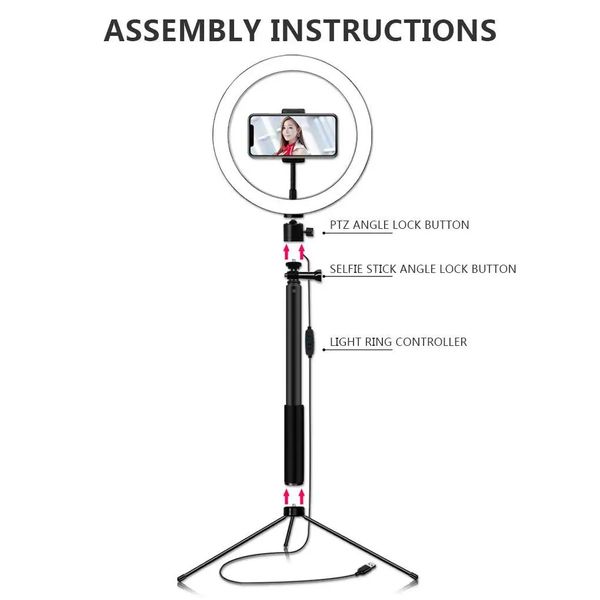 Suportes LED Ring Light Selfie Stick Tripé Kit Rotativo 3 Modos Lâmpada para Telefone Vídeo Live Stream