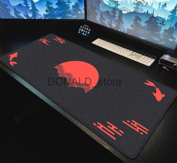 Tappetini per mouse Poggiapolsi Tappetino da scrivania giapponese Nero Rosso Tappetino per mouse Koi Fish Sun Cloud Japan Art Seal Sunrise Grande XXL Tappetino da gioco Tappetino per mouse in gomma 90x40 J231215