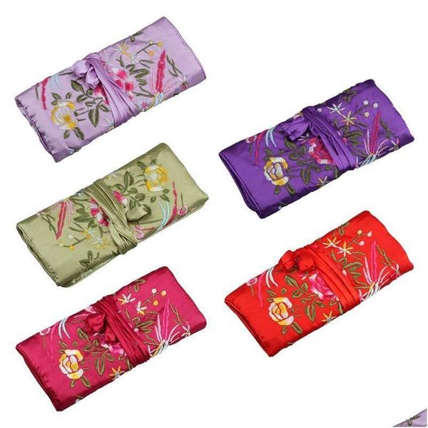 Pochettes à bijoux, sacs Pochettes à bijoux Sacs Bijoux en soie orientale Rouleau Wrap Pochette Organisateur Rangement de voyage Casejewelry Drop Delivery Dhjdp