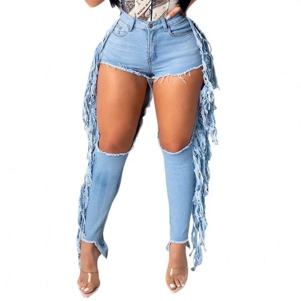 Jeans Jeans strappati per donna Pantaloni jeans con giunture a nappa con foro ritagliato a vita alta Pantaloni jeans svasati elasticizzati vintage