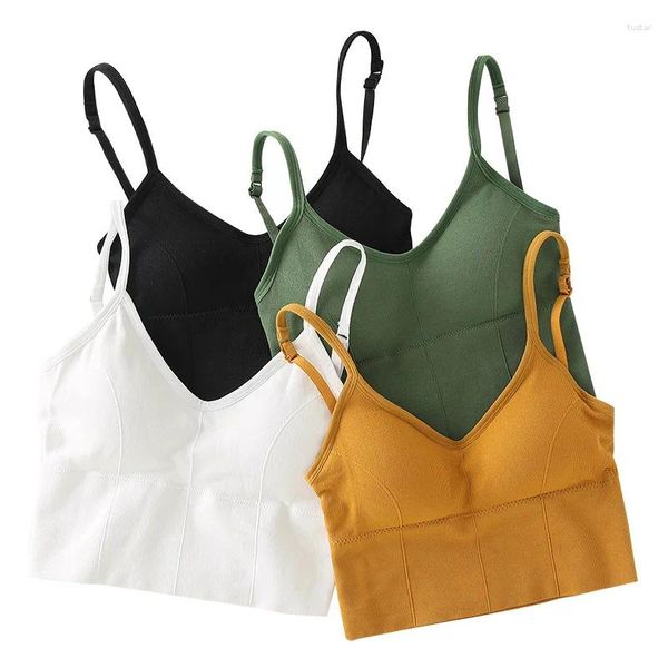 Frauen Tanks Camis Marke Sommer Hosenträger Weste Sport Unterwäsche Sichern Hohe Taille Kurzen Sexy Entblößte Brust Pad Nabel Top