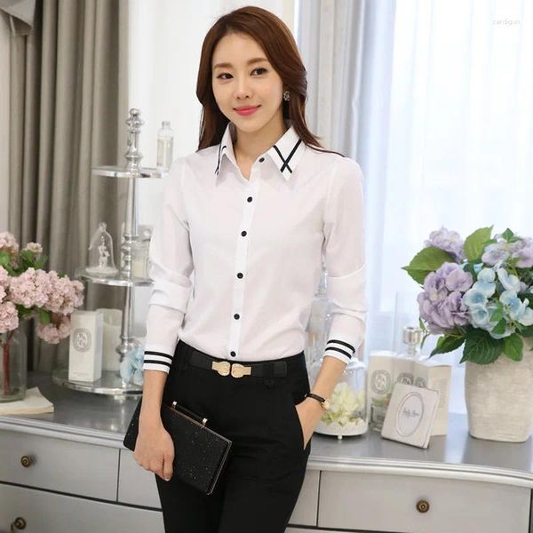 Женские блузки 2023, весенняя белая рубашка, женская прямая блузка в корейском стиле с длинными рукавами, свободные женские верхние классические рубашки, рабочая одежда