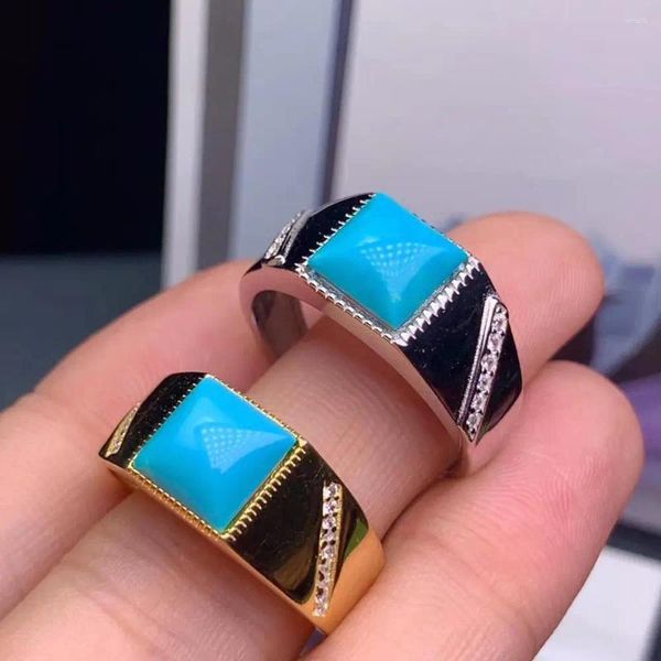 Cluster-Ringe, natürlicher blauer Türkis-Ring für Männer, Silberschmuck, maskuliner Edelstein, gute Farbe, Geburtstagsfeier, Geschenk, Freund, Ehemann