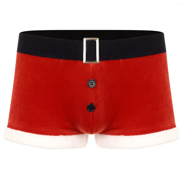 Boxer de Noël pour homme en velours - Lingerie en peluche - Sous-vêtements de Père Noël - Poche bombée - Slip de vacances pour fête de Noël - Cosplay