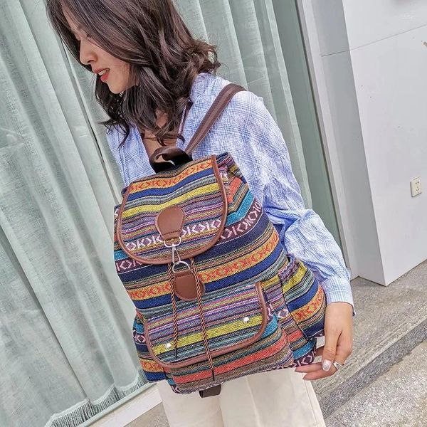 Sacos escolares estilos étnicos femininos listrado lona ombros duplos mochilas de grande capacidade designer saco feminino
