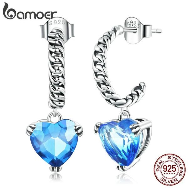 Stud Bamoer 925 Sterling Silber Herz Kette Ohrstecker für Frauen Edlen Schmuck Blauer Stein Anhänger Tropfen Ohrringe Verlobungsgeschenk