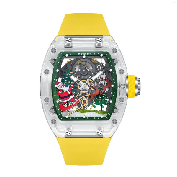 Relógios de pulso Cronusart Homens Relógio Automático 50mm 42mm Luxo Tonneau Mecânico Relógio de Pulso Acrílico Luminoso Fluororubber Strap Christmas Dial
