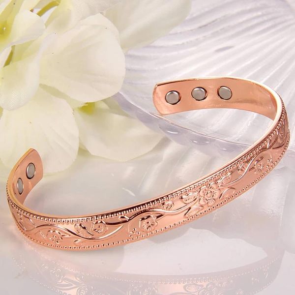 Pulseira Magnética Pulseira de Cobre Cuff Elegante Retro Flor Pura Com 3500 Gauss Ímãs Ajustáveis Joias Presente