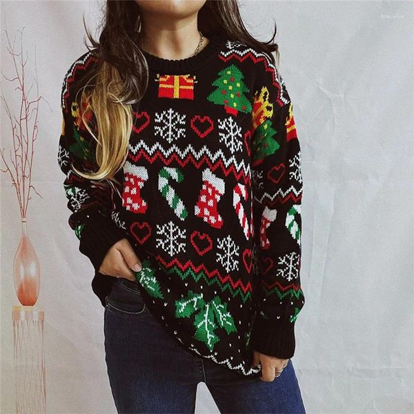 Kadın Sweaters Xingiqng Kadın Noel Kazak Kar Tanesi Çorap Baskı Yuvarlak Boyun Uzun Kollu Külot Günlük Örme Üstler Parti Giysileri