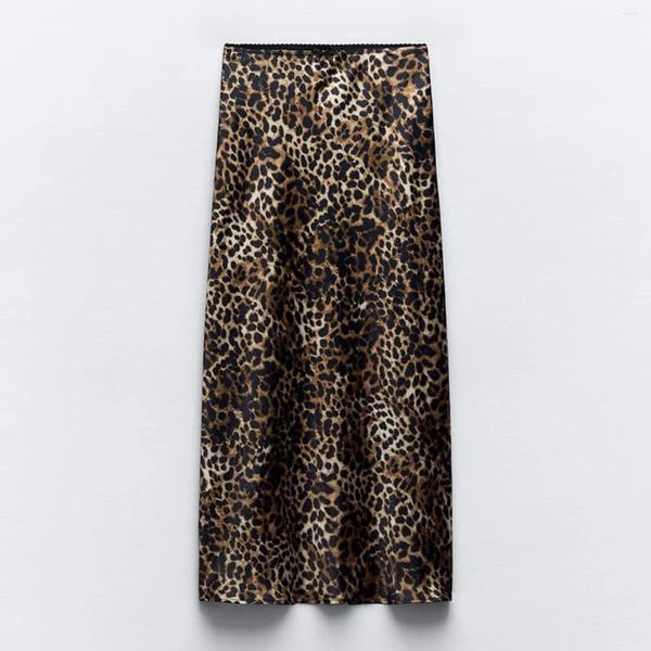Saias 2024 primavera verão mulheres cetim efeito animal leopardo impresso saia vintage na moda meados elásticos cintura bowknot longo