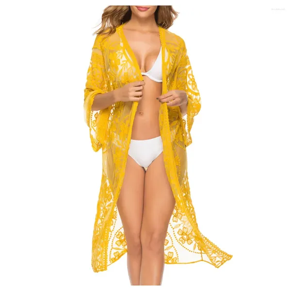 Damen-Badebekleidung, langer Badeanzug für Damen, Überwurf, Ärmel, Blumenspitze, Häkelarbeit, vorne offen, Kimono, Strand-Cardigan-Kleid, Strandmode