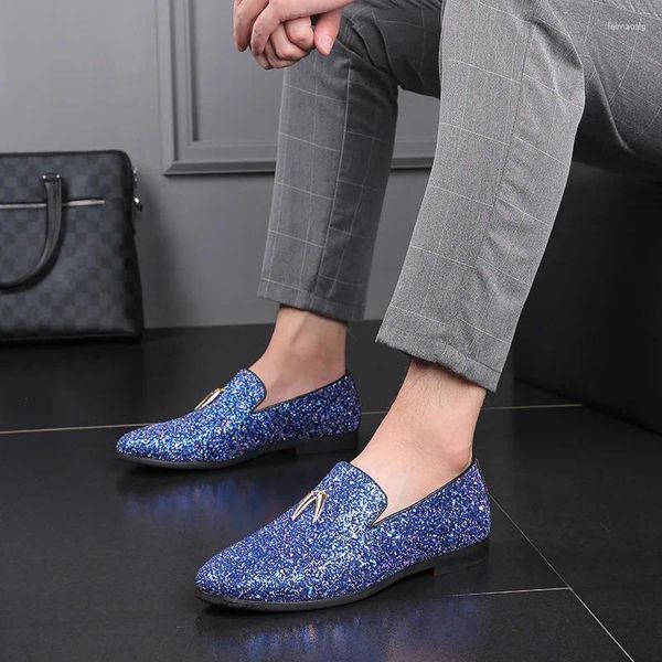 Scarpe eleganti firmate retrò a punta attraente blu con paillettes da sposa in pelle Oxford da uomo mocassini casual formali Zapatos Hombre