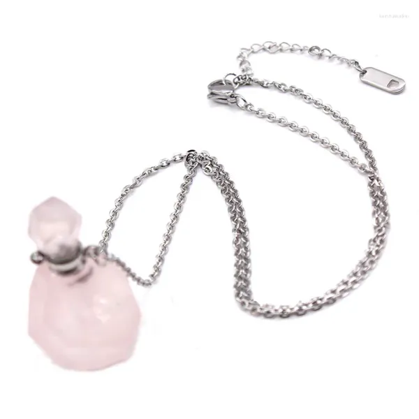 Collane con ciondolo 100-Unico 1 pz Bottiglia di profumo in acciaio inossidabile Può aprire Collana di quarzo rosa rosa naturale Gioielli eleganti da donna