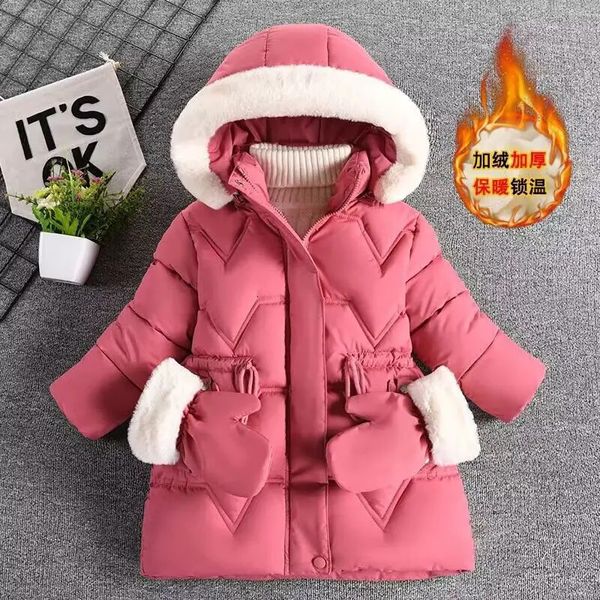 Piumino Invia Guanti Giacca invernale da ragazza Collo di pelliccia caldo Cappotto da principessa Cerniera con cappuccio Capispalla Regalo di compleanno 3-8 anni Abbigliamento per bambini 231215