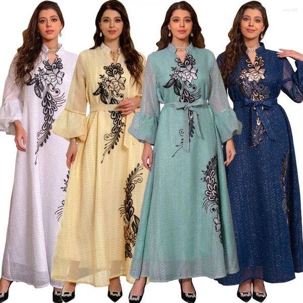 Abbigliamento etnico Paillettes Abito Abaya ricamato per le donne Marocchino Caftano Turchia Arabo Jalabiya Islam Maxi Robe 2023 Primavera Eid Ramadan