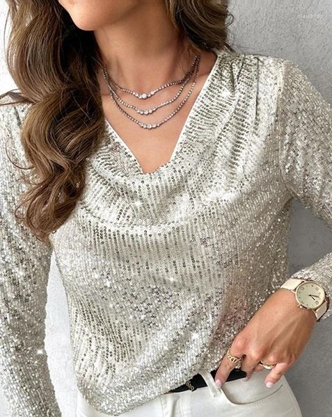 T-shirt da donna Abbigliamento Manica lunga Pullover con bottoni 2023 Semplice Versatile Casual Collo ad anello Tendenza della moda Allover Design con paillettes Top