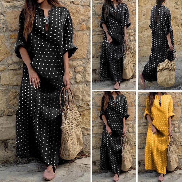 Vestidos casuais caro mulheres bolso polka vestido maxi kaftan longo ponto frente vestes estilo manga mulheres para jovens